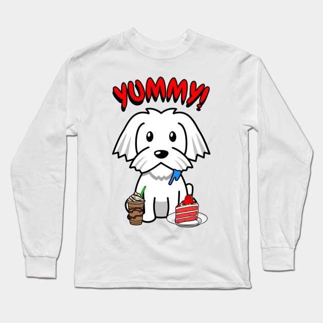 Cute white dog is having coffee and cake Long Sleeve T-Shirt by Pet Station